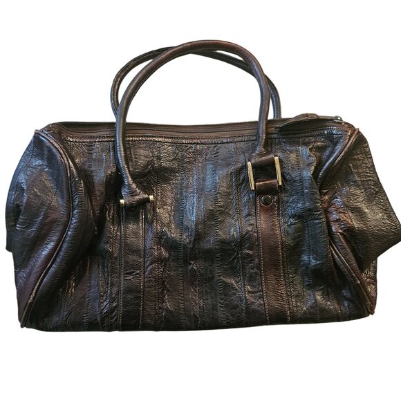 Vintage Eel Skin Genuine Leather Brown Handbag With Double Handles & Zip Closure - Picture 2 of 13
